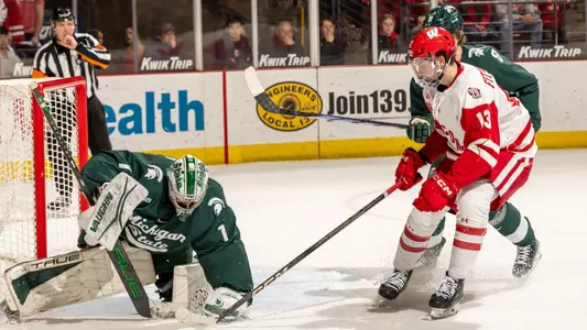 A shot from Christian Fitzgerald is saved by the MSU goaltender.