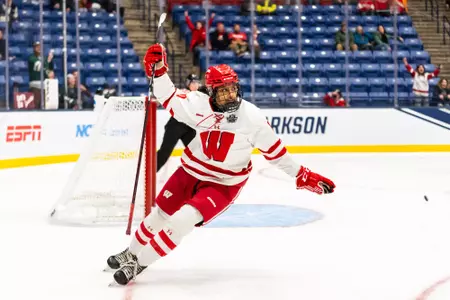 Laila Edwards after scoring an empty netter against Colgate in the NCAA Frozen Four semifinal game
