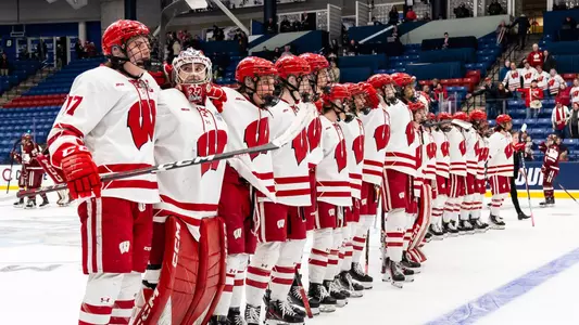 Wisconsin women's hockey lines up after taking down Colgate in the 2024 NCAA Frozen Four semifinal game