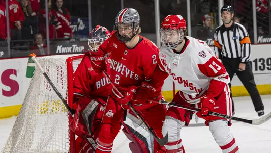 Christian Fitzgerald skates against Ohio State at the Kohl Center.