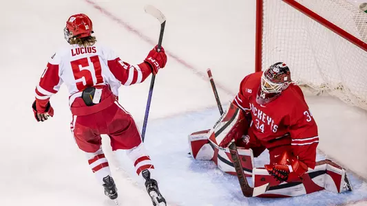 Cruz Lucius celebrates scoring a goal against Ohio State.