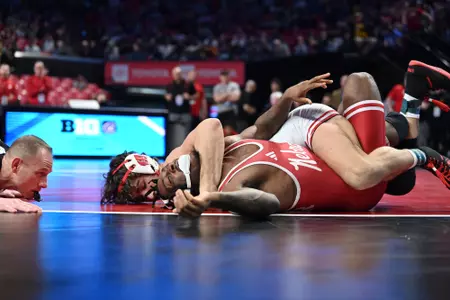 Wisconsin wrestler Dean Hamiti pins his opponent, Antrell Taylor of Nebraska, in 1:04 during the 2024 Big Ten Championships semifinal at 165 pounds on Saturday, March 9, 2024 at the XFINITY Center on the campus of the University of Maryland in College Park, Md.