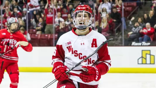 David Silye celebrates scoring a goal against Ohio State.