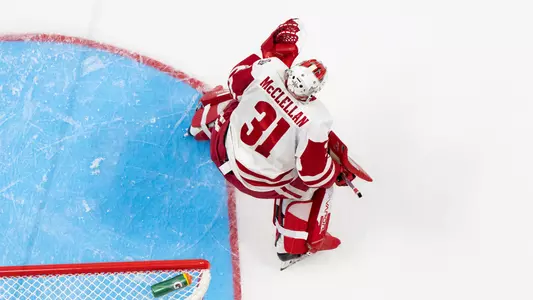 Kyle McClellan in net for the Badgers at the 2024 Kwik Trip Holiday Face-Off