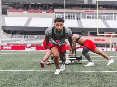 Chez Mellusi trains in practice inside Camp Randall Stadium in Madison, Wisconsin