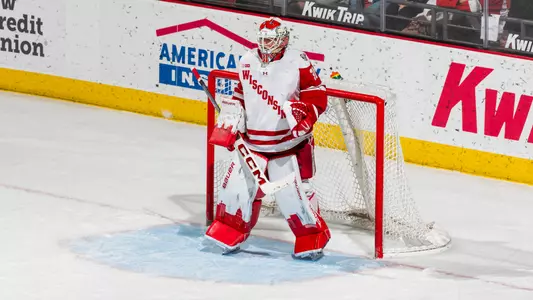 Kyle McClellan in net for the Badgers at the Kohl Center.