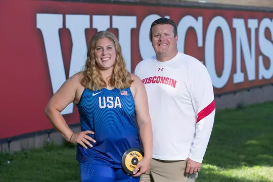 Wisconsin Badger Track and Field assistant coach Dave Astrauskas, right, with USA Olympic Athlete Kelsey Card at McClimon Complex on July 26, 2016, in Madison, Wisconsin. Card is heading to the 2016 Summer Olympics in Rio. (Photo by David Stluka)