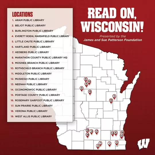 A map showing the Read On, Wisconsin! libraries in the state of Wisconsin