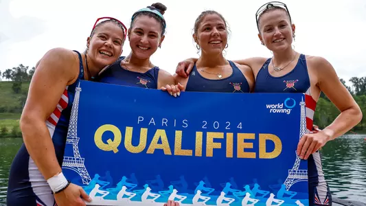 Lauren O'Connor (Left) and Grace Joyce (Right) celebrate making the 2024 Olympics in the women's quadruple sculls