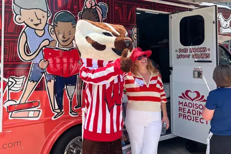 Bucky in front of the Dream Bus