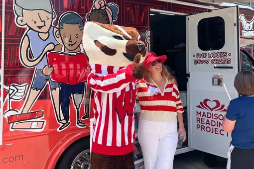 Bucky in front of the Dream Bus