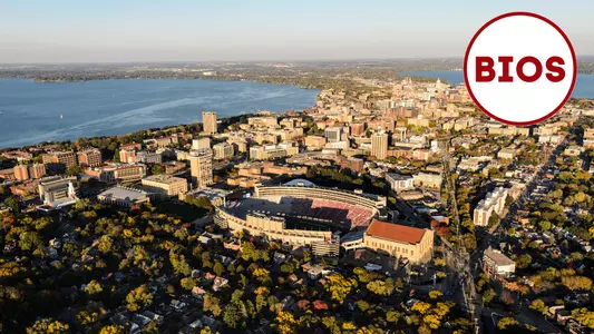 Aerial photo of Madison, Wisconsin with the University of Wisconsin campus and Camp Randall Stadium with the BIOS logo