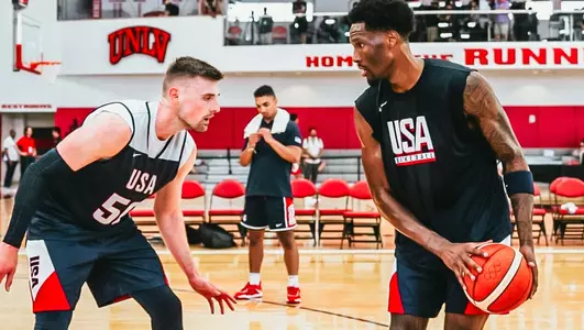 Nigel Hayes-Davis and Micah Potter during a USA Basketball practice