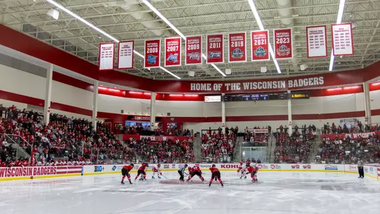 A general view from ice level of the LaBahn Arena during the opening face-off of the Wisconsin Badgers NCAA women’s WCHA Conference hockey game against the Ohio State Buckeyes, Friday, Feb. 23, 2024, in Madison, Wis. The Buckeyes won 3-1. (Photo by David Stluka/Wisconsin Athletic Communications)