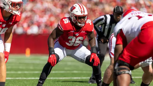Wisconsin Badgers linebacker Jake Chaney (36) defends during a Big Ten Conference NCAA college football game against the Rutgers Scarlet Knights, Saturday, Oct. 7, 2023, in Madison, Wis. The Badgers won 24-13. (Photo by David Stluka/Wisconsin Athletic Communications)