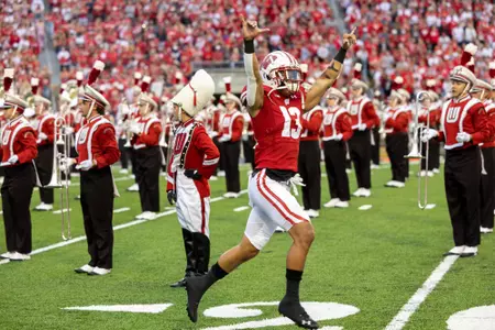 Wisconsin Badgers defensive back Kamo’i Latu (13) runs onto the field prior to an NCAA college football game against the Illinois State Redbirds, Saturday, Sept. 3, 2022 in Madison, Wis. (Photo by David Stluka/Wisconsin Athletic Communications)
