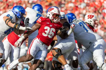 Wisconsin Badgersl linebacker Jake Chaney (36) during an NCAA college football game against the Buffalo Bulls, Saturday, Sept. 2 2023 in Madison, Wis. The Badgers won 38-17. (Photo by David Stluka/Wisconsin Athletic Communications)