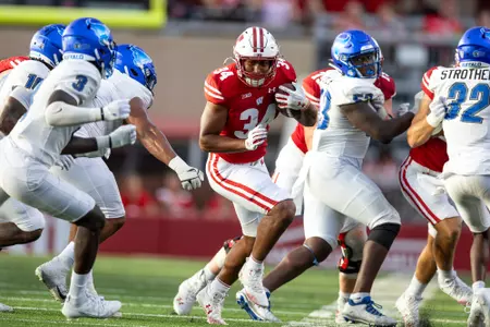 Wisconsin Badgers running back Jackson Acker (34) carries the ball during an NCAA college football game against the Buffalo Bulls, Saturday, Sept. 2 2023 in Madison, Wis. The Badgers won 38-17. (Photo by David Stluka/Wisconsin Athletic Communications)