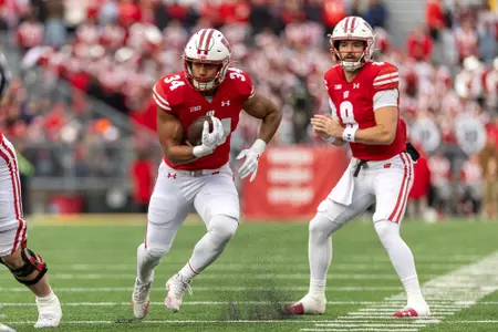 Wisconsin Badgers running back Jackson Acker (34) carries the ball during a Big Ten Conference NCAA college football game against the Northwestern Wildcats, Saturday, Nov. 11, 2023, in Madison, Wis. The Wildcats won 24-10. (Photo by David Stluka/Wisconsin Athletic Communications)