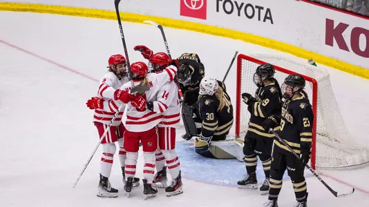 The Badgers celebrate a goal against Lindenwood
