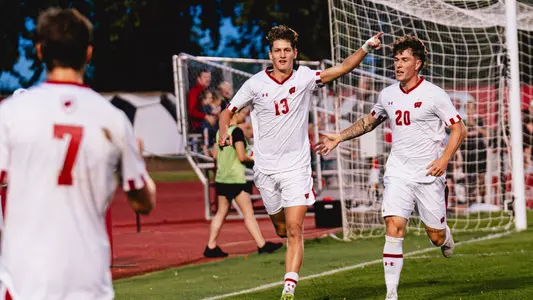 Dean Boltz celebrates after scoring a goal against Viterbo