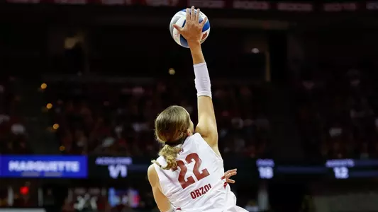 September 17, 2024: The Wisconsin Badgers volleyball team won 3-1 versus the Marquette Golden Eagles in the Kohl Center Classic 2024 at the Kohl Center in Madison, WI. Key Highlights were Sarah Franklin getting her 1,500th kill and setting a program record 33 kills in a match.  Darren Lee Photography