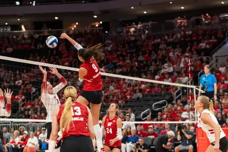 Caroline Crawford kills the ball in match vs Stanford
