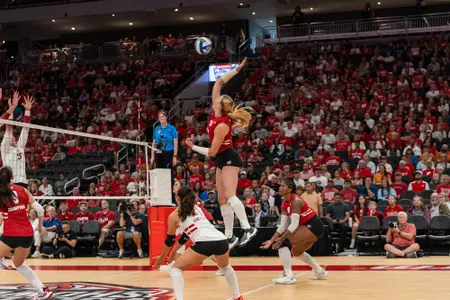 Sarah Franklin kills the ball from the back row