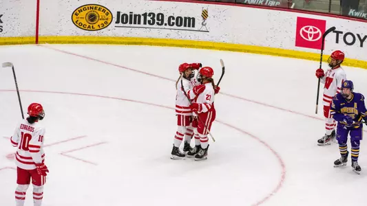 Casey O'Brien and Kirsten Simms celebrate a UW goal in Wisconsin's 6-2 win over Minnesota State on Jan 11, 2025.