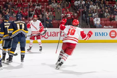 Wisconsin Badgers' forward Quinn Finley (19) goal during an NCAA men’s hockey match against Augustana Saturday October 7, 2023 in Madison, Wisconsin.
Photo by Tom Lynn/Wisconsin Athletic Communications
