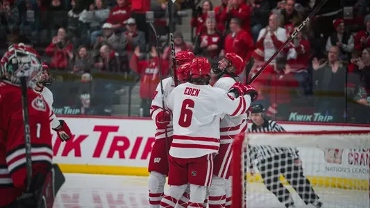 Laney Potter, Lacey Eden celebrates a goal against St. Cloud State on Jan. 25, 2025
