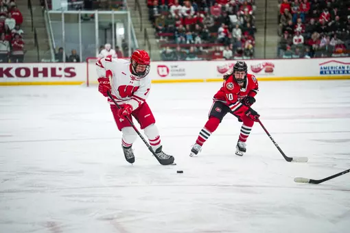 Kelly Gorbatenko stick handles the puck in the game vs St. Cloud State
