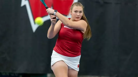 Wisconsin Badgers women’s tennis player Ekaterina Ivanova hits during a team practice, Thursday, January 16, 2025, in Madison, Wis. (Photo by David Stluka/Wisconsin Athletic Communications)