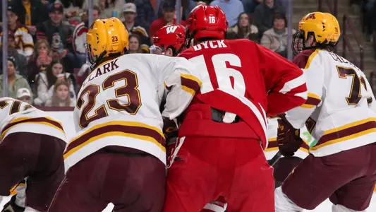 Tyson Dyck skates against the Minnesota Gophers
