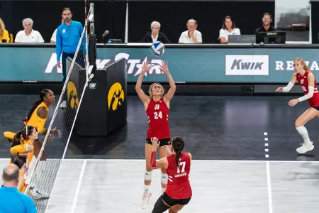 Charlie Fuerbringer sets against Iowa at XTream Arena.