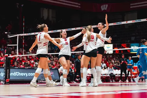 The Badgers celebrate after defeating UCLA on Friday, Oct. 17.