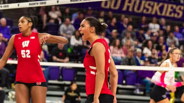 Grace Egan celebrates after winning a point against Washington.