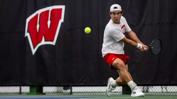 The Wisconsin Badgers men’s tennis team plays against Northwestern in Nielsen Tennis Stadium in Madison, Wisconsin on April 5, 2024. (Photo by Taylor Wolfram / Wisconsin Athletics Communications)