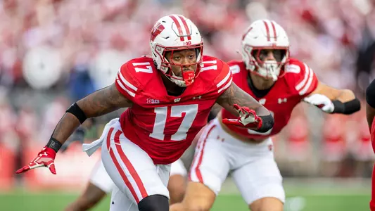 Wisconsin Badgers linebacker Darryl Peterson (17) defends a Big Ten Conference NCAA college football game against the Maryland Terrapins, Sat., Sept. 20, 2025, in Madison, Wis. The Terrapins won 27-10. (Photo by David Stluka/Wisconsin Athletic Communications)