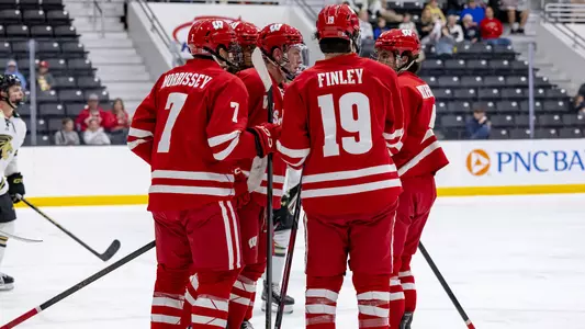 The Wisconsin men's hockey team celebrates scoring a goal