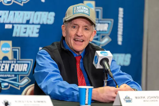 Wisconsin Badgers Head Coach Mark Johnson talks to the media after the NCAA college Women’s Frozen Four Final hockey game against the Ohio State Buckeyes, Sun., Mar. 23, 2025, in Minneapolis, Min. The Badgers won 4-3 in overtime. (Photo by David Stluka/Wisconsin Athletic Communications)