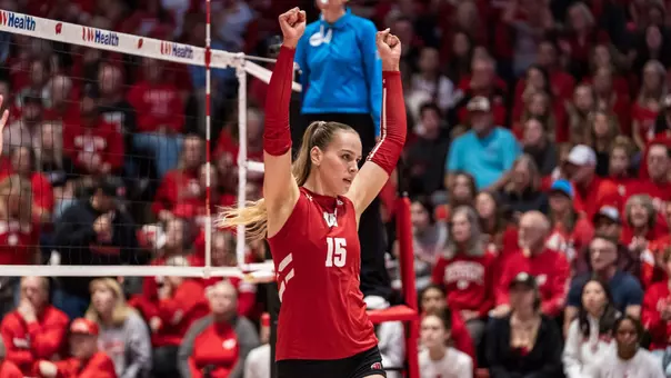 Mimi Colyer celebrates after a point against Iowa.