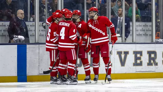 Badger men's hockey celebrates a goal at Notre Dame