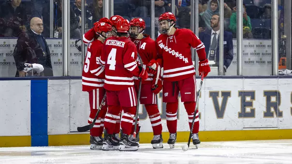Badger men's hockey celebrates a goal at Notre Dame