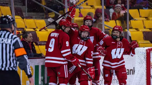 Wozniewicz celebrates the game-winning goal against Minnesota Duluth on 2.1.25 in Duluth