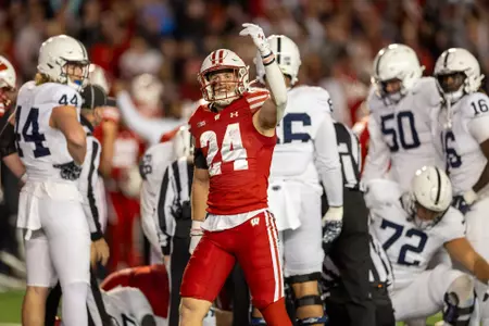 Wisconsin Badgers defensive back Hunter Wohler (24) celebrates a fourth down stop during a Big Ten Conference NCAA college football game against the Penn State Nittany Lions, Saturday, Oct. 26, 2024, in Madison, Wis. The Nittany Lions won 28-13. (Photo by David Stluka/Wisconsin Athletic Communications)