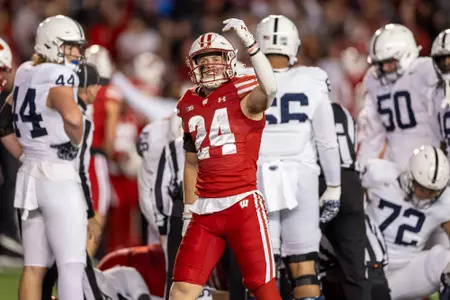 Wisconsin Badgers defensive back Hunter Wohler (24) celebrates during a Big Ten Conference NCAA college football game against the Penn State Nittany Lions, Saturday, Oct. 26, 2024, in Madison, Wis. The Nittany Lions won 28-13. (Photo by David Stluka/Wisconsin Athletic Communications)