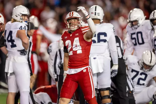 Wisconsin Badgers defensive back Hunter Wohler (24) celebrates during a Big Ten Conference NCAA college football game against the Penn State Nittany Lions, Saturday, Oct. 26, 2024, in Madison, Wis. The Nittany Lions won 28-13. (Photo by David Stluka/Wisconsin Athletic Communications)