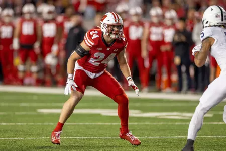 Wisconsin Badgers defensive back Hunter Wohler (24) defends during a Big Ten Conference NCAA college football game against the Penn State Nittany Lions, Saturday, Oct. 26, 2024, in Madison, Wis. The Nittany Lions won 28-13. (Photo by David Stluka/Wisconsin Athletic Communications)