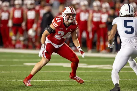 Wisconsin Badgers defensive back Hunter Wohler (24) defends during a Big Ten Conference NCAA college football game against the Penn State Nittany Lions, Saturday, Oct. 26, 2024, in Madison, Wis. The Nittany Lions won 28-13. (Photo by David Stluka/Wisconsin Athletic Communications)